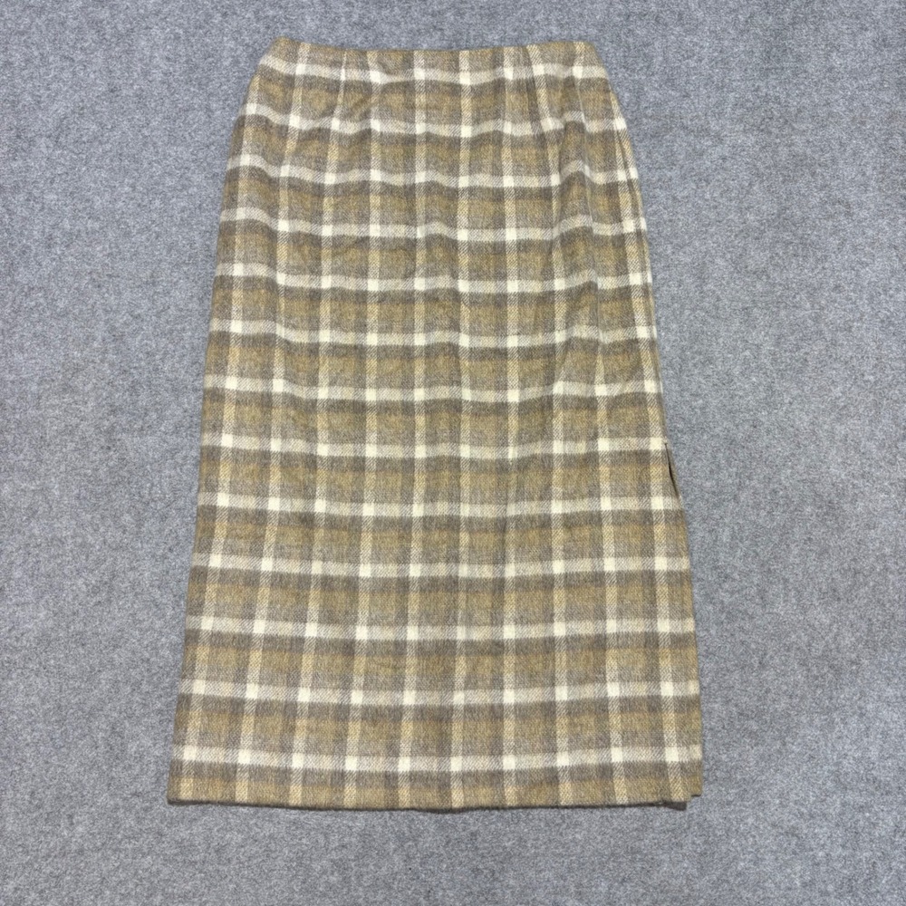 Rena Rowan Wool Blend Plaid Midi Skirt Brown Cream Size 10 Side Slit Lined